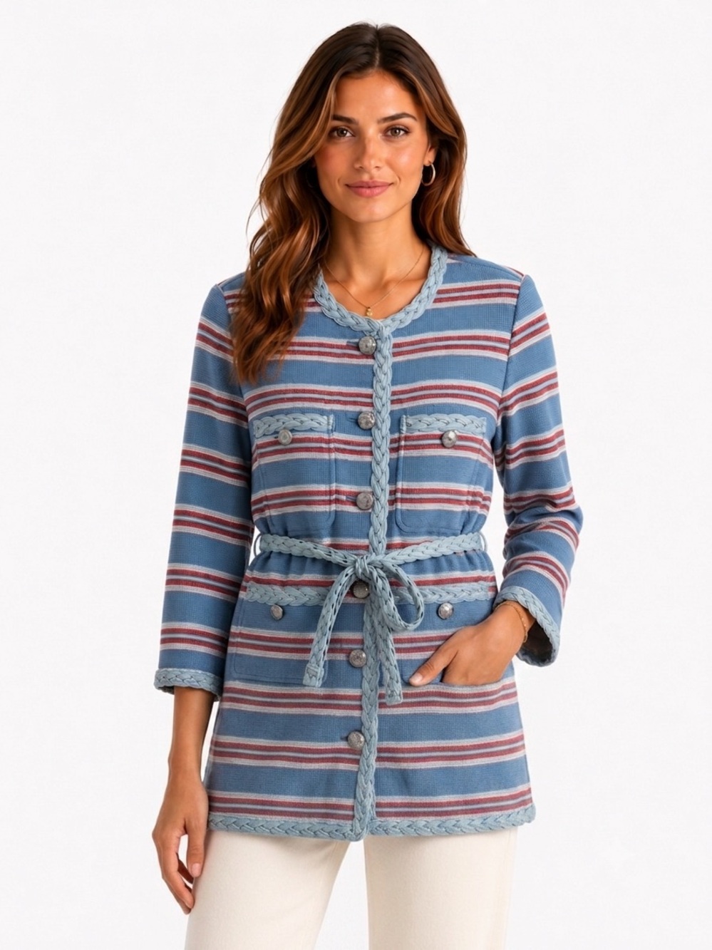 Striped Blue Braided Trim Lady Jacket with Belt - Elie Tahari